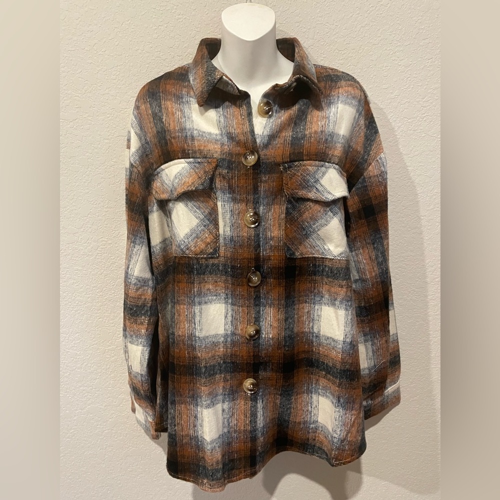 Oversized Brown Plaid Button Shacket SZ Small